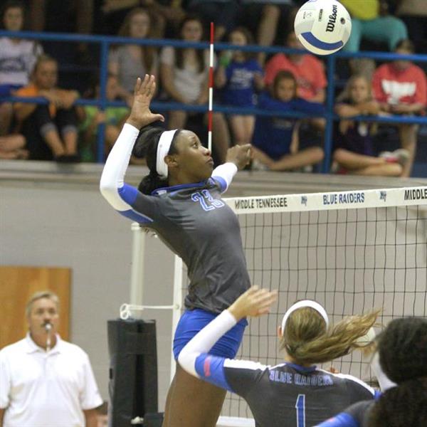 Tyler Richardson goes up for the MTSU volleyball squad