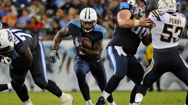 Running back Derrick Henry #2 of the Tennessee Titans rushes during the first half against of the San Diego Chargers at Nissan Stadium on August 13, 2016 in Nashville, Tennessee.  (Photo by Frederick Breedon/Getty Images)