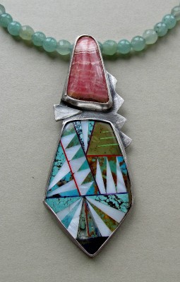 Sterling inlayed stone rhodochrosite pendant by Anne Rob