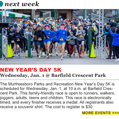 NYE in Murfreesboro; Hawaiian Bros; New Year’s Day 5K; Kristin Hopkins